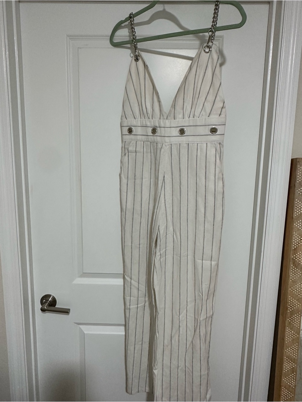 LF Cream and Black Pinstripe Chain-Strap Jumpsuit